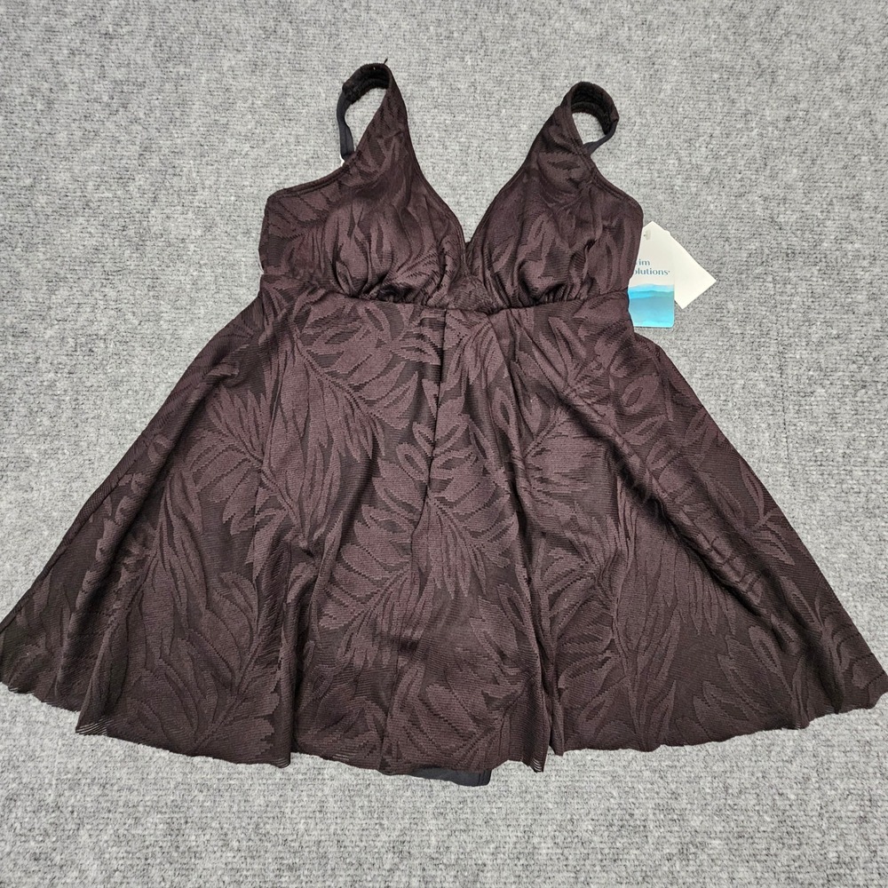 Swim Solutions Women Swimdress Flyaway‎ Tummy Control Leaf Textured Black Size 8